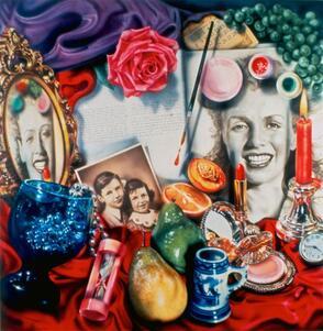 Colorful oil painting by Audrey Flack featuring items on a vanity including cosmetics, flowers, a candle and an image ofMarilyn Monroe