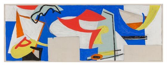 An abstract painting with mixed shapes, primarily in a white and blue color scheme with red/orange/yellow accents