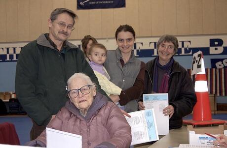 Nahanni Rous at the polls with her grandmother, parents, and daughter in 2008