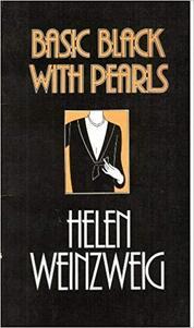 A black cover with an inset illustration of a woman’s torso, wearing a shirt with a deep bow collar, and a string of pearls.