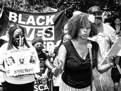 Tarece Johnson speaking at the Justice for Black Lives march she organized, June 7, 2020