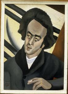A surrealist-inspired portrait of Avraham Shlonsky with an enlarged forehead, wearing a dark coat and holding a cigarette