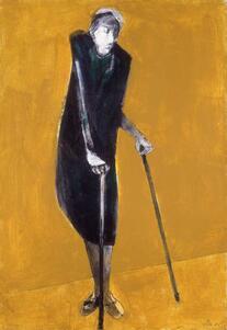 Painting of an elderly woman with canes, with a yellow background