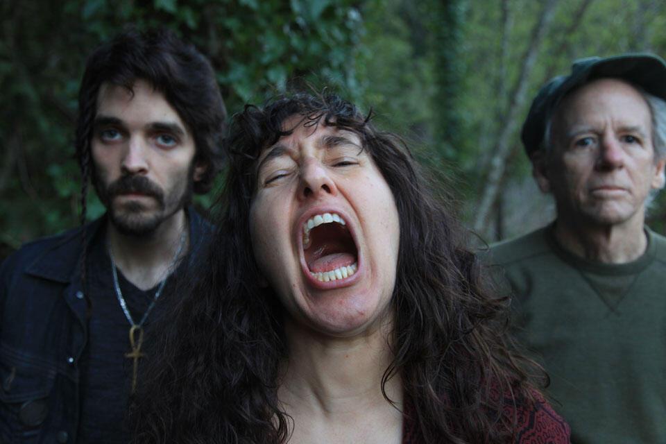Loolwa Khazzoom and her Bandmates: woman with mouth open as if screaming, man on either side of her