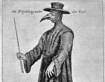 Illustration of a Plague Doctor wearing beak mask.