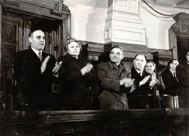 Ana Pauker applauding with a group of four other Romanian communist leaders at a session of the Grand National Assembly of Romania.