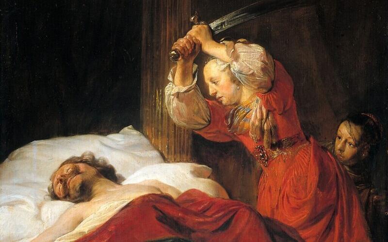 Judith holding sword above Holofernes' head. 