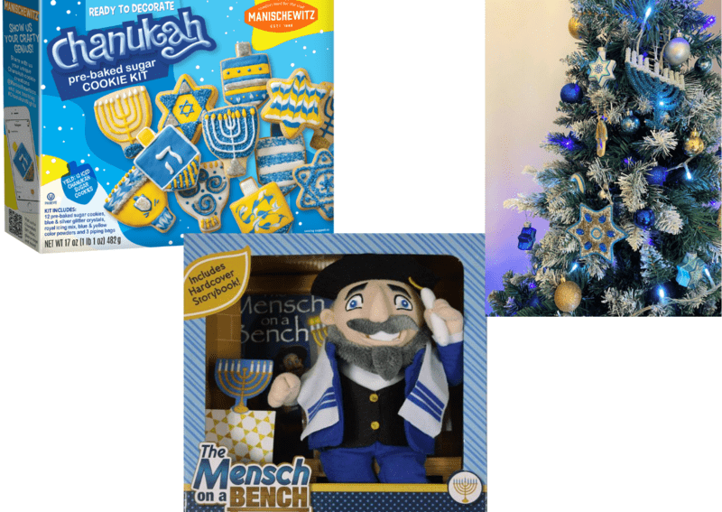 Collage of Hanukkah cookie decorating kit, Mensch on a Bench, and a Hanukkah Bush. 