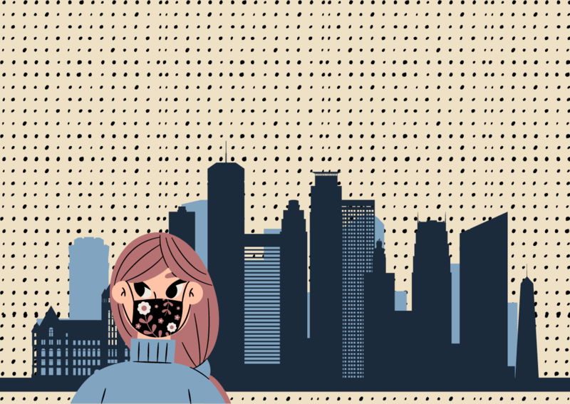 Illustration of White Woman with Pink Hair in Front of City Buildings and Small Dots in the Background
