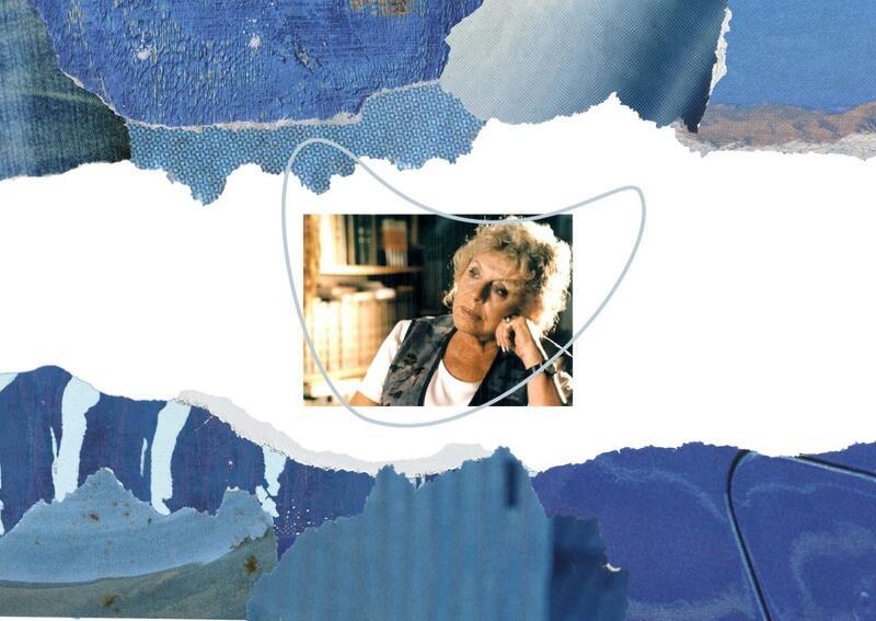 Collage of Shulamit Aloni on patterned blue and white background