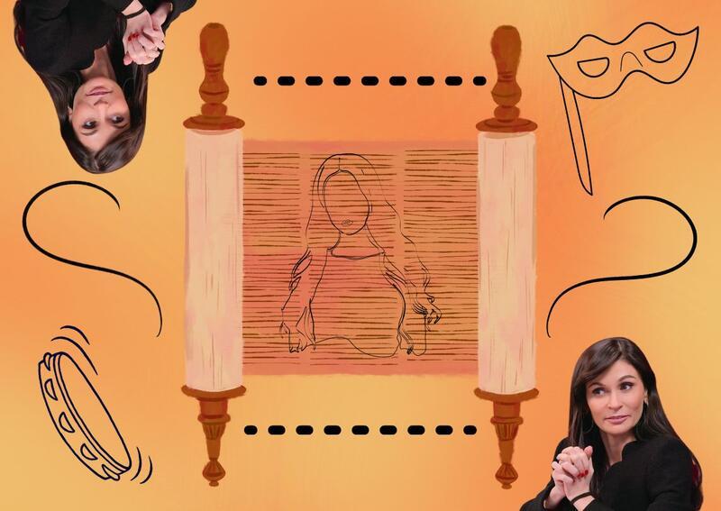 Collage of Julia Haart and a megillah scroll on an orange gradient background