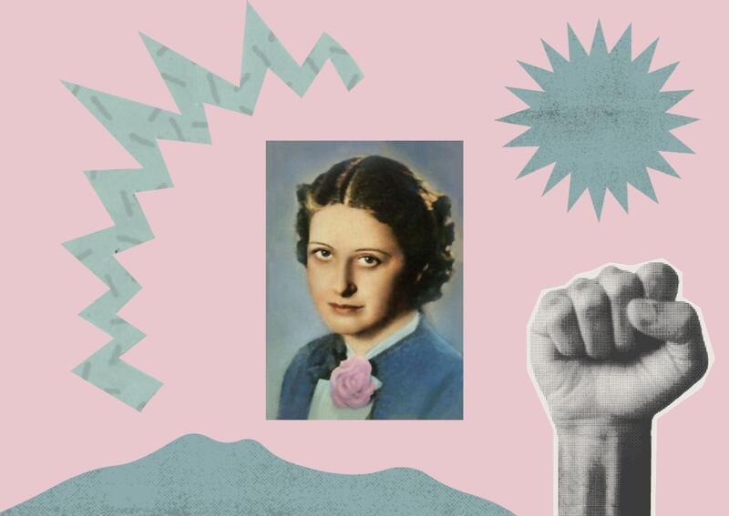 Collage with pink background, blue abstract designs, fist in the air, and picture of Beatrice Alexander