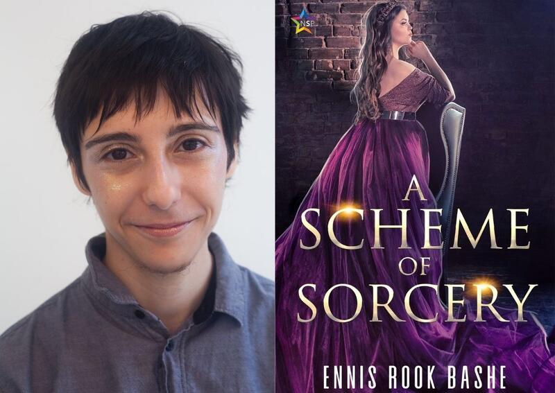 Ennis Bashe and the cover of their book Scheme of Sorcery.