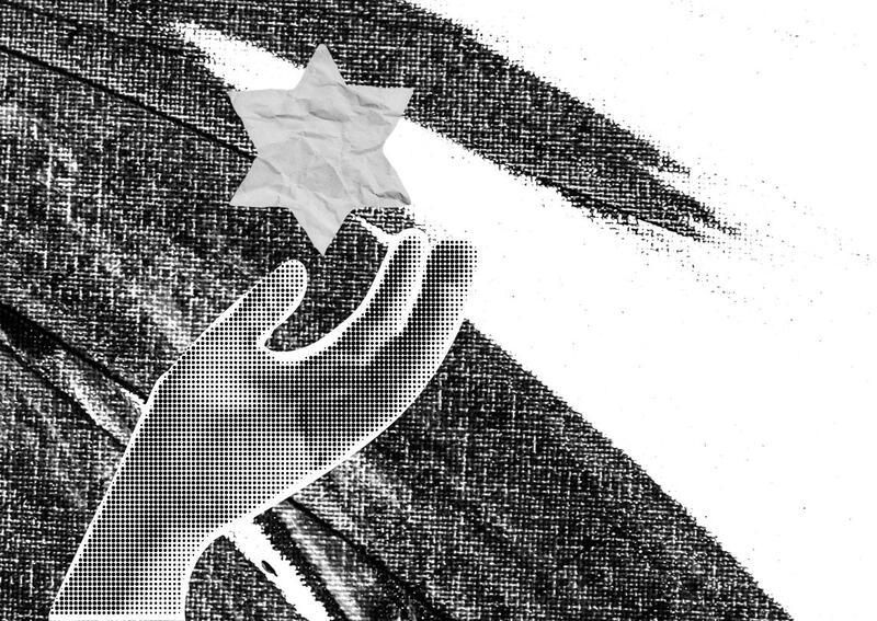 Black and white hand holding a Jewish star