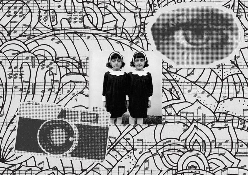 Collage of "Identical Twins" and clip art of a camera on black and white patterned background