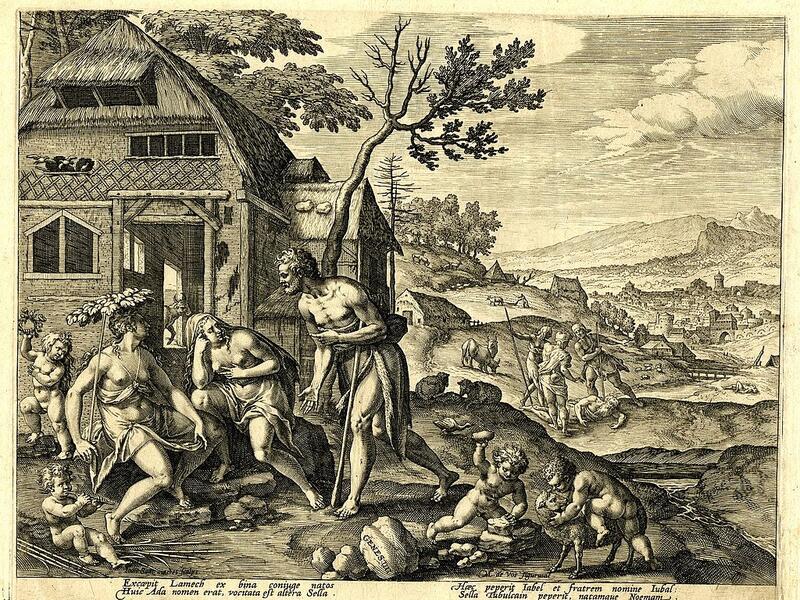 An engraving print of the Biblical ancestor Lamech and his two wives, Zillah and Adah.