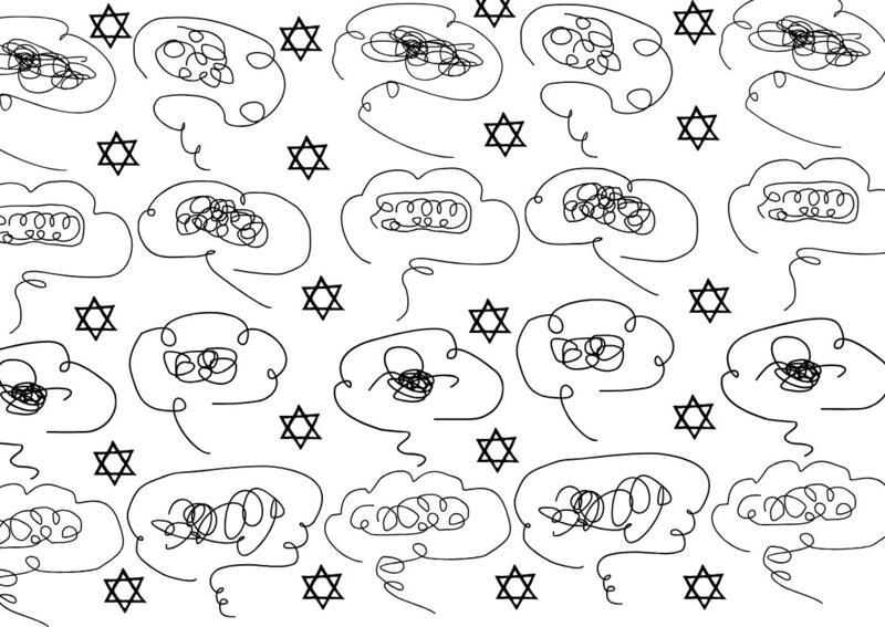 Collage of thought bubbles and stars of david