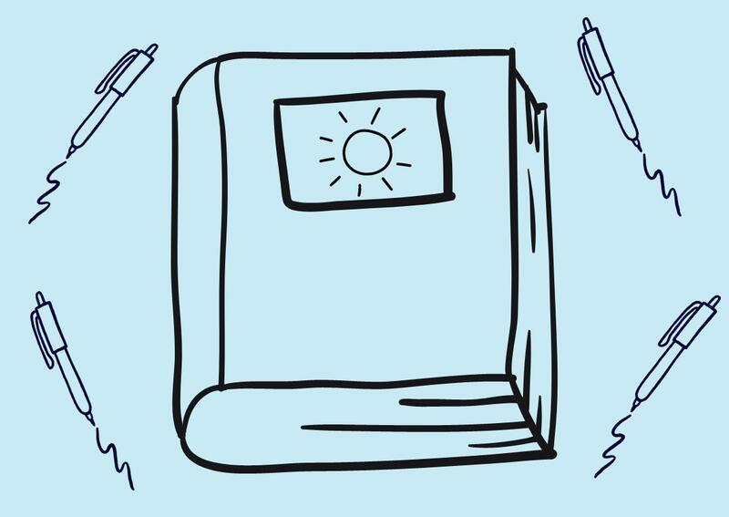 Line drawings of a book and pens on light blue background