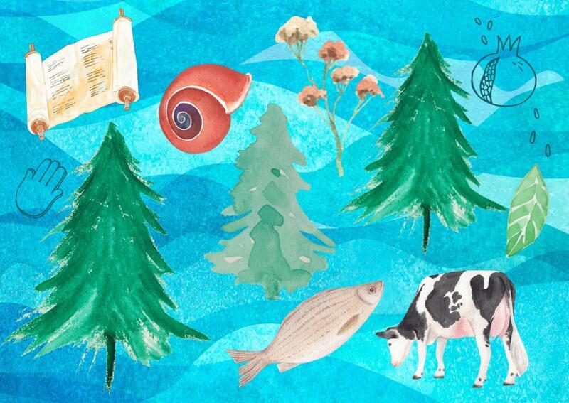 Collage of trees, cattle, and fish on blue patterned background