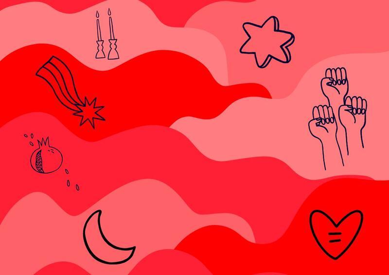 Black line drawings of moon and stars on a background of red and pink waves