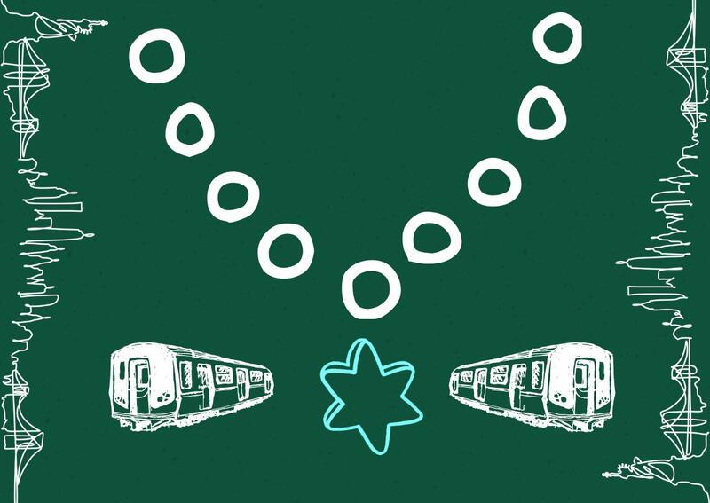 Outlined drawings of New York City skyline, Star of David necklace, and subway cars