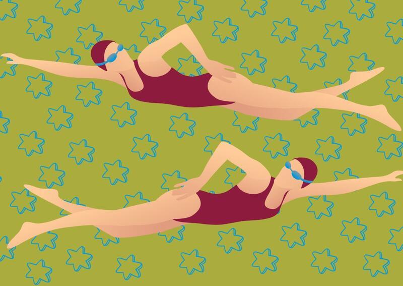 Collage of Illustrated Women Swimming; Star of David Patterned Background