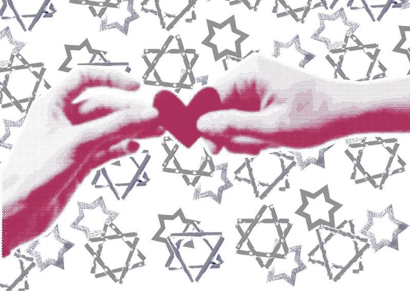 Collage of hands holding a heart with stars of david in the background