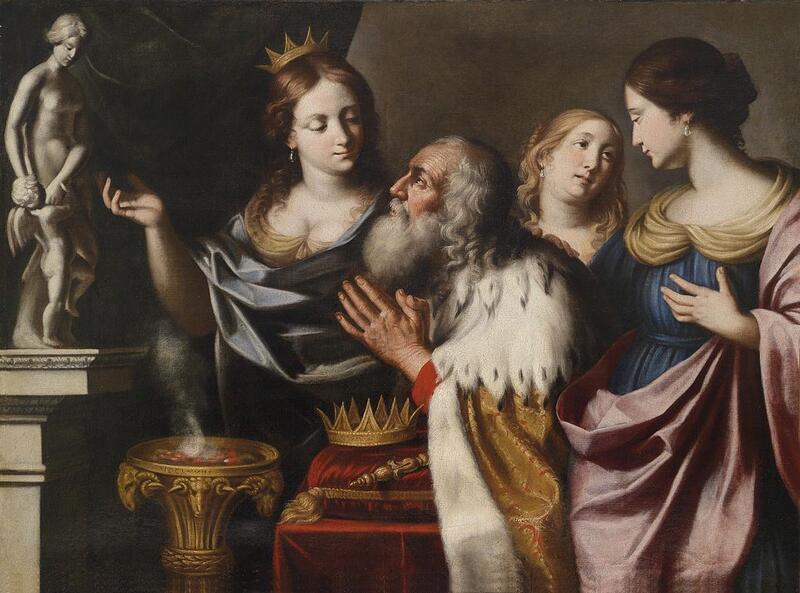 A painted illustration of King Solomon surrounded by three of his wives.