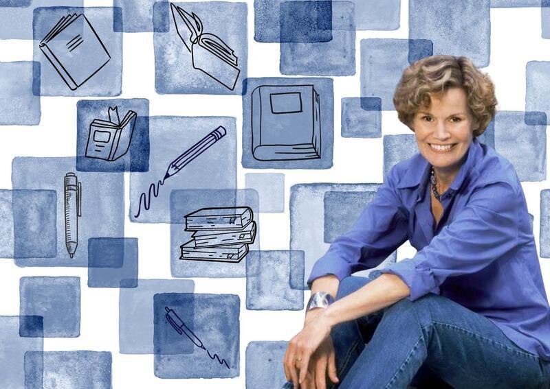 Collage of Judy Blume on dark blue checkered background