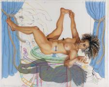 Portrait of naked woman lying on back holding her right foot, colorful line drawings in background