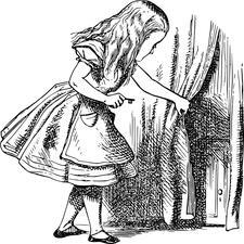 Alice from Alice in Wonderland preparing to open the door with the key