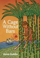 A colorful woodcut-style illustration of a boy trapped in a grove of sugar cane, holding a machete, with a ship on the ocean in the background