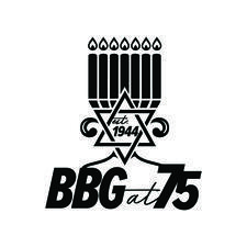 Black and white image of BBG at 75 logo featuring a Star of David with the words "established 1944" inside, an illuminated menorah above, and the words "BBG at 75" below.