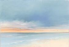 a pastel painting of a beach, with the ocean and the sky taking up most of the frame