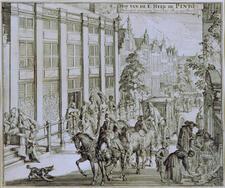 an engraving of a house on a city street, with several expensively-dressed men and women leaving and a carriage pulled by several horses waiting outside