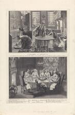 A two-panel engraving. The top shows two women searching for crumbs using a candle and a feather in a kitchen, with another woman and two children standing at the table. The bottom shows a group of adults sitting around a large table loaded with dishes, each holding an open haggadah.