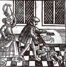 Woodcut of three people removing leaven from a room in their home: one sweeping items from a table, one search beneath table with a candle, one carrying 2 vessels