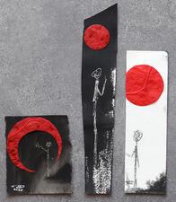 A short painting of a white stick figure on a black background looking up at a red cresent moon; a tall painting of a white stick figure on a black background underneath a red full moon; a medium painting of a black stick figure on a white background beneath a red full moon.