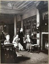 Four women sitting by a fireplace with bookshelves around the walls