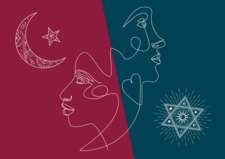 Collage of two faces with Star of David and Muslim star and crescent