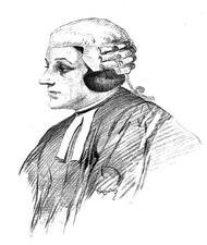 Pencil sketch of Joan Rosanove wearing judicial robes and wig