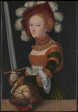 Judith, dressed in Renaissance clothing, holds a sword in one hand and the head of Holofernes in the other.
