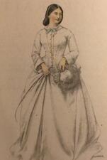 Portrait of Kate Emanuel, holding the edge of her skirt in one hand and a hat in the other