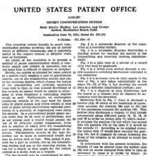 Two column document. Title reads: United States Patent Office 2,292,387 secret communication system Hedy Kiesler Markey Los Angeles and George Antheil, Manhattan Beach, Calif