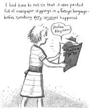 A sketch-style illustration of a girl opening a spiral-bound notebook with Yiddish writing on the cover and a face emerging from the book, saying “Shalom aleychem!”