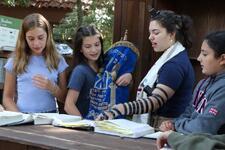 Four girls reading the Torah, girl second from right wrapping Tefillin