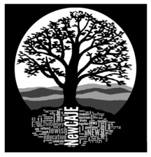 Black and white digital graphic of a tree silhouette with word cloud of English and Hebrew beneath