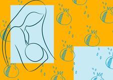 Collage with Breastfeeding Outlined Figure with Blue Pomegranate Patterned Yellow Background