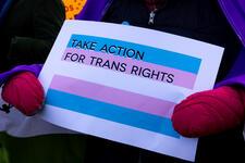 A person holds a sign reading "Take Action for Trans Rights." 