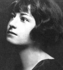 A young Dorothy Parker looks upward, toward left of frame